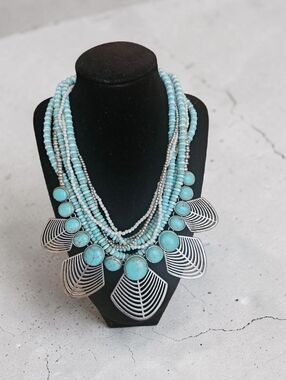 Lucky Brand Turquoise & Silver Tone Multi-Strand BOHO Statement Necklace